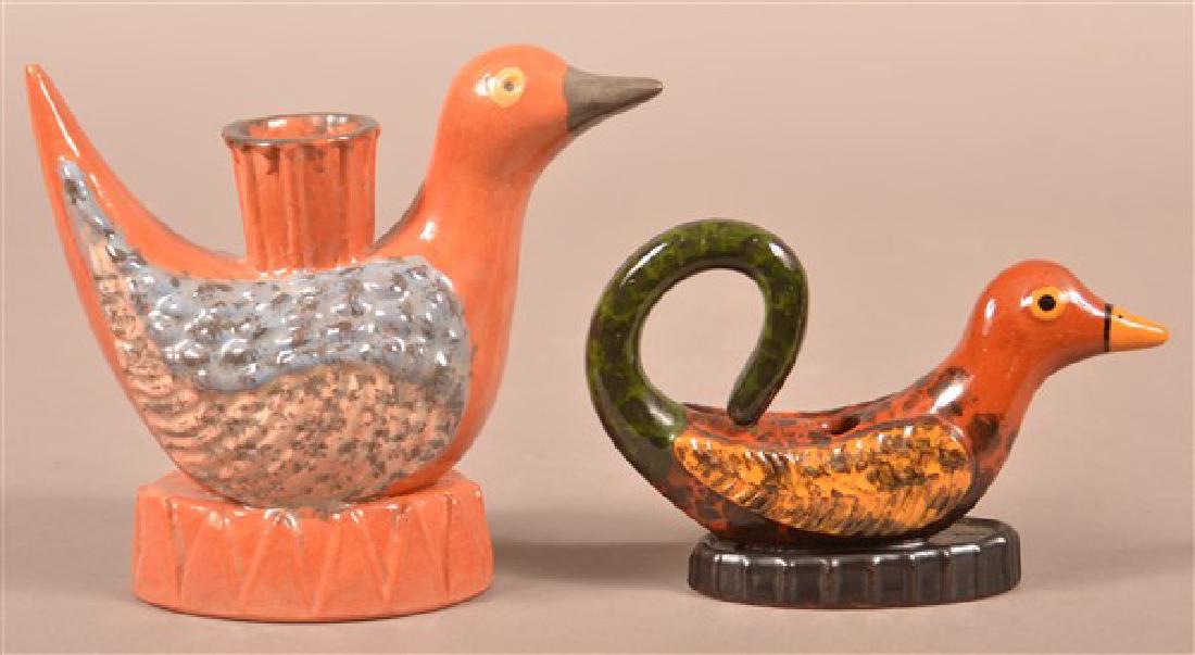 2 Seagreaves Glazed Redware Bird Form Candleholders. (1 of 3)