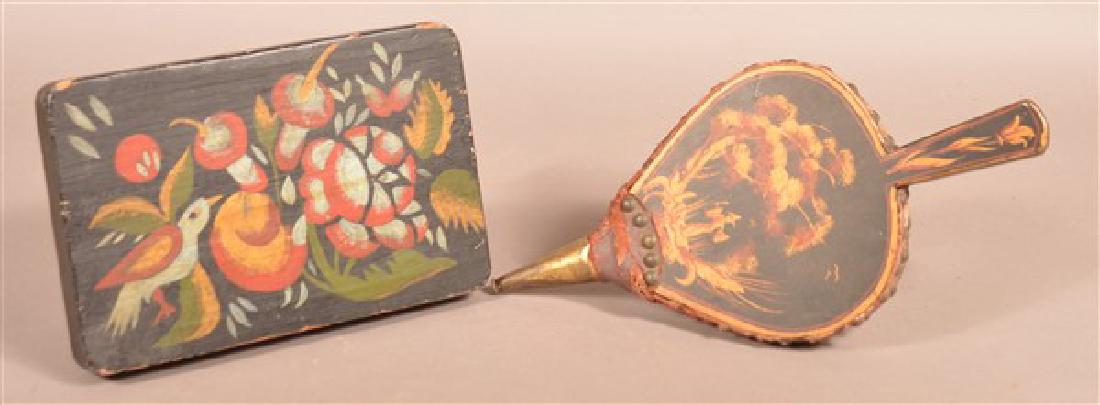 Antique Painted Wood Bellows and Footstool. (1 of 2)