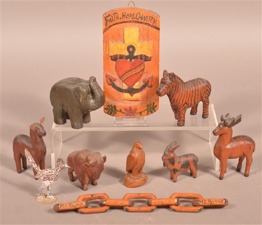 Folk Art Carvings Carved by H.E. Palmer, Lititz, PA.: Lot of Vintage Folk Art Carvings Carved by H.E. Palmer, Lititz, PA. Plaque measures 6-3/4"h. Condition: Good with some breaks and losses.
