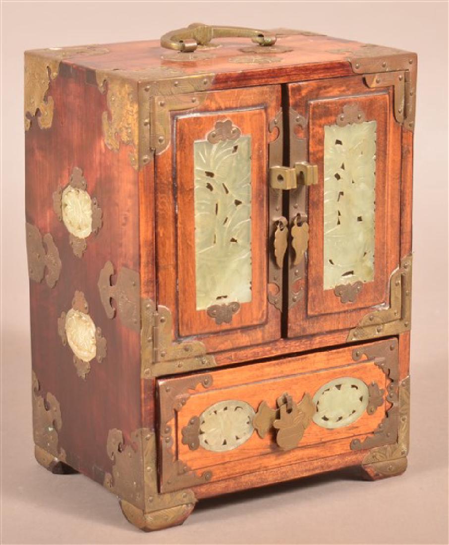 Chinese Elmwood Brass and Jade Mounted Jewelry Chest. (1 of 4)