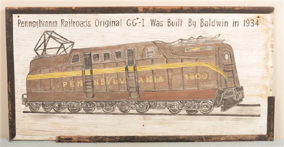 Pennsylvania Railroad Painted Plywood Train Sign.: Vintage Single Sided Painted Plywood Train Sign. "Pennsylvania Railroads Original GG-1 was built by Baldwin in 1934". 23-1/4" x 46". Condition: Fair with weathering and losses to trim.