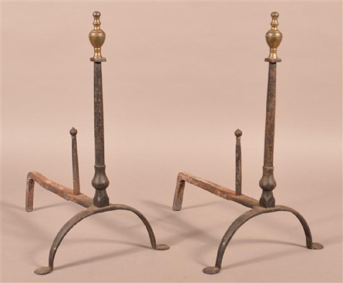 Pair of Antique Iron Andirons with Brass Finials. (1 of 2)