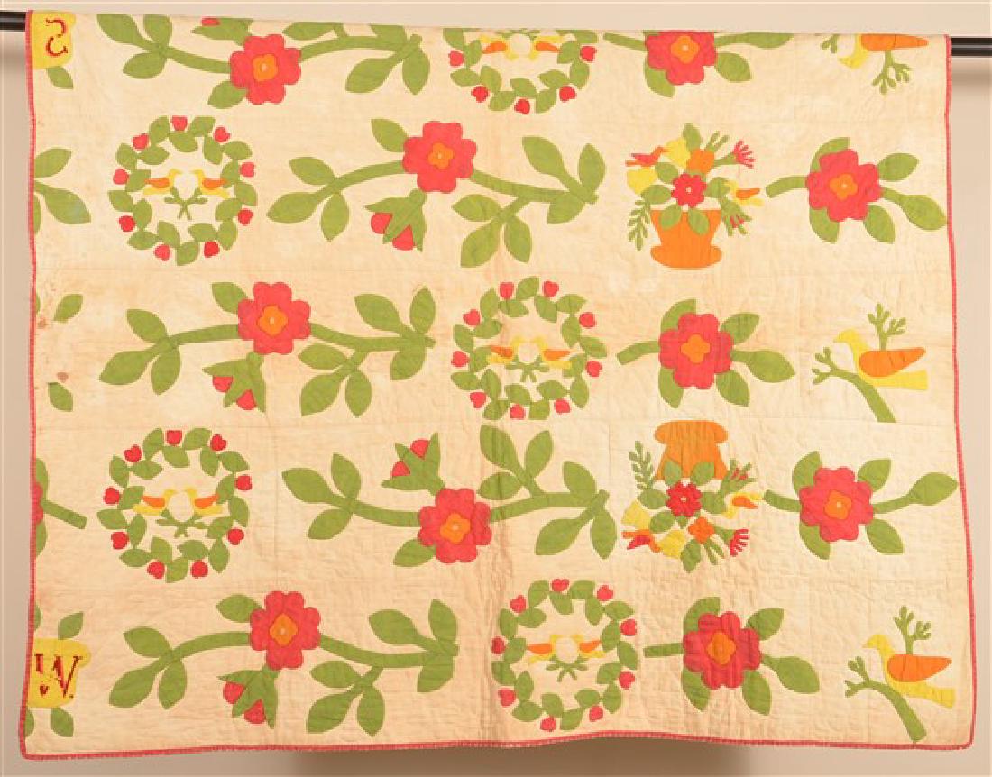 Antique Bird, Floral and Wreath Applique Crib Quilt. (1 of 6)