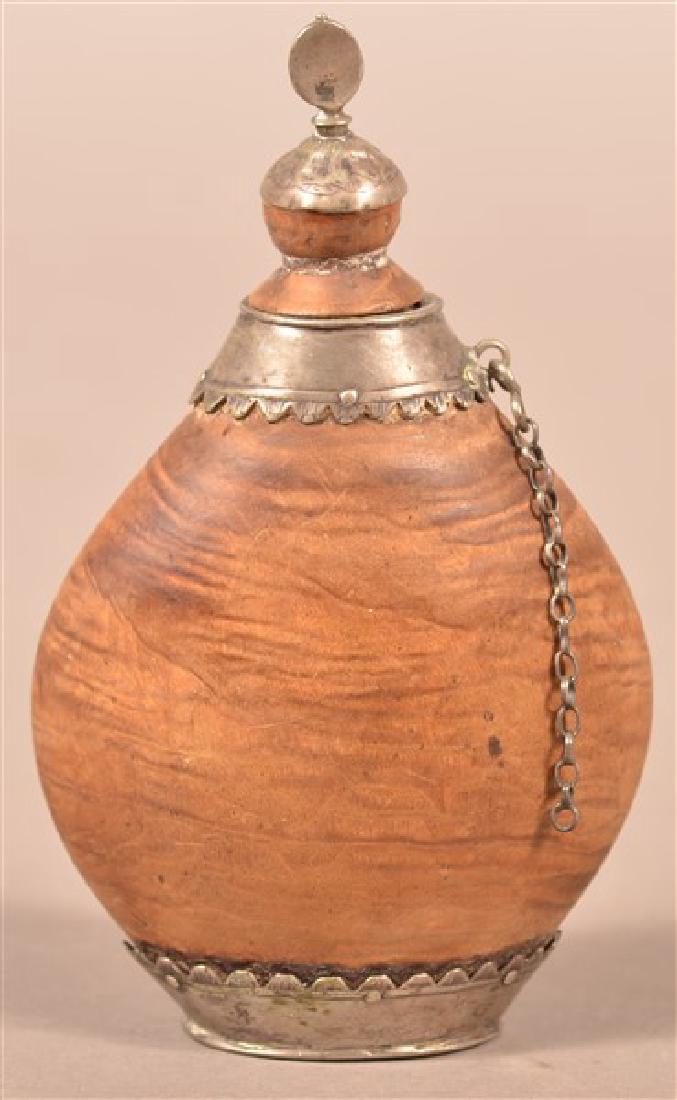 Silver Mounted Burlwood Flask Dated 1752.: Silver Mounted Burlwood Flask Dated 1752. Initialed "O.J.S.H". Screw top. 5"h. Condition: Good with wear.