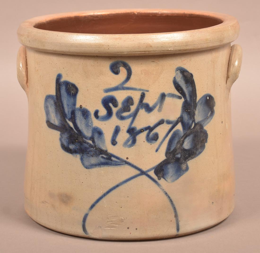Stoneware Crock Dated "Sept. 1867" in Cobalt Blue Slip. (1 of 3)