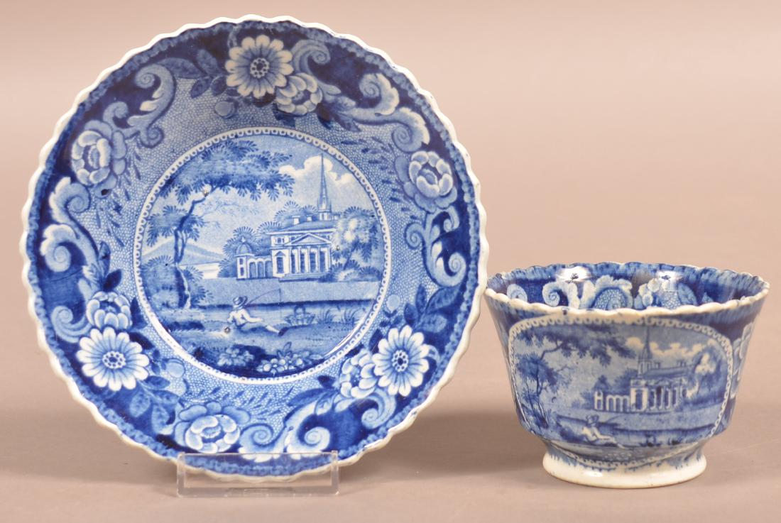 Staffordshire China "Virginia Church" Cup and Saucer.: Historical Blue Staffordshire China "Virginia Church" Cup and Saucer. With scalloped edge. Saucer measures 5-7/8" diam. Condition: Very good with tiny chip on base rim of cup.