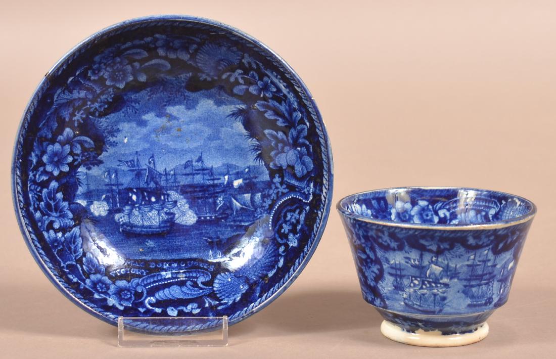 "Commodore Macdonough's Victory" Cup and Saucer.: Historical Blue Staffordshire China "Commodore Macdonough's Victory" Cup and Saucer. Impressed E. Wood & Sons. Saucer measures 5-7/8'' diam. Condition: Very Good.
