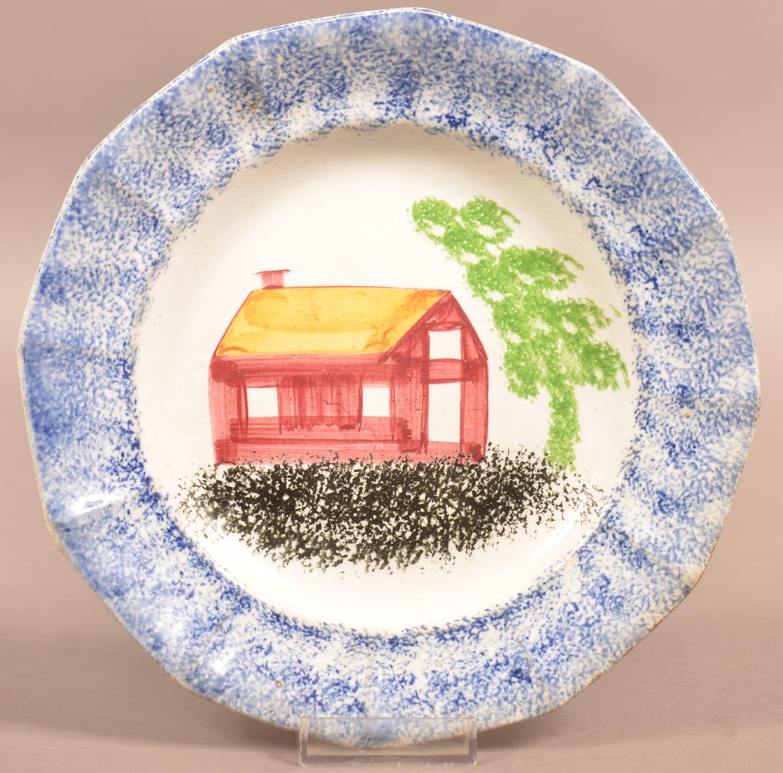 Blue Spatter China School House Pattern Plate. (1 of 2)