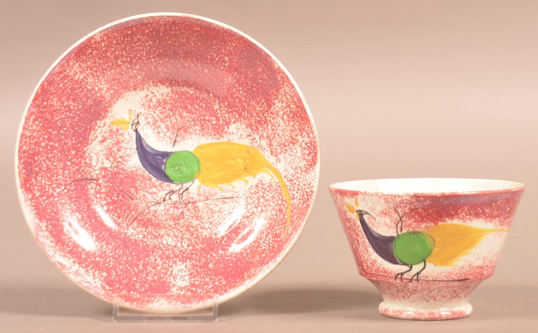 Red Spatter China Peafowl Pattern Cup and Saucer. (1 of 2)