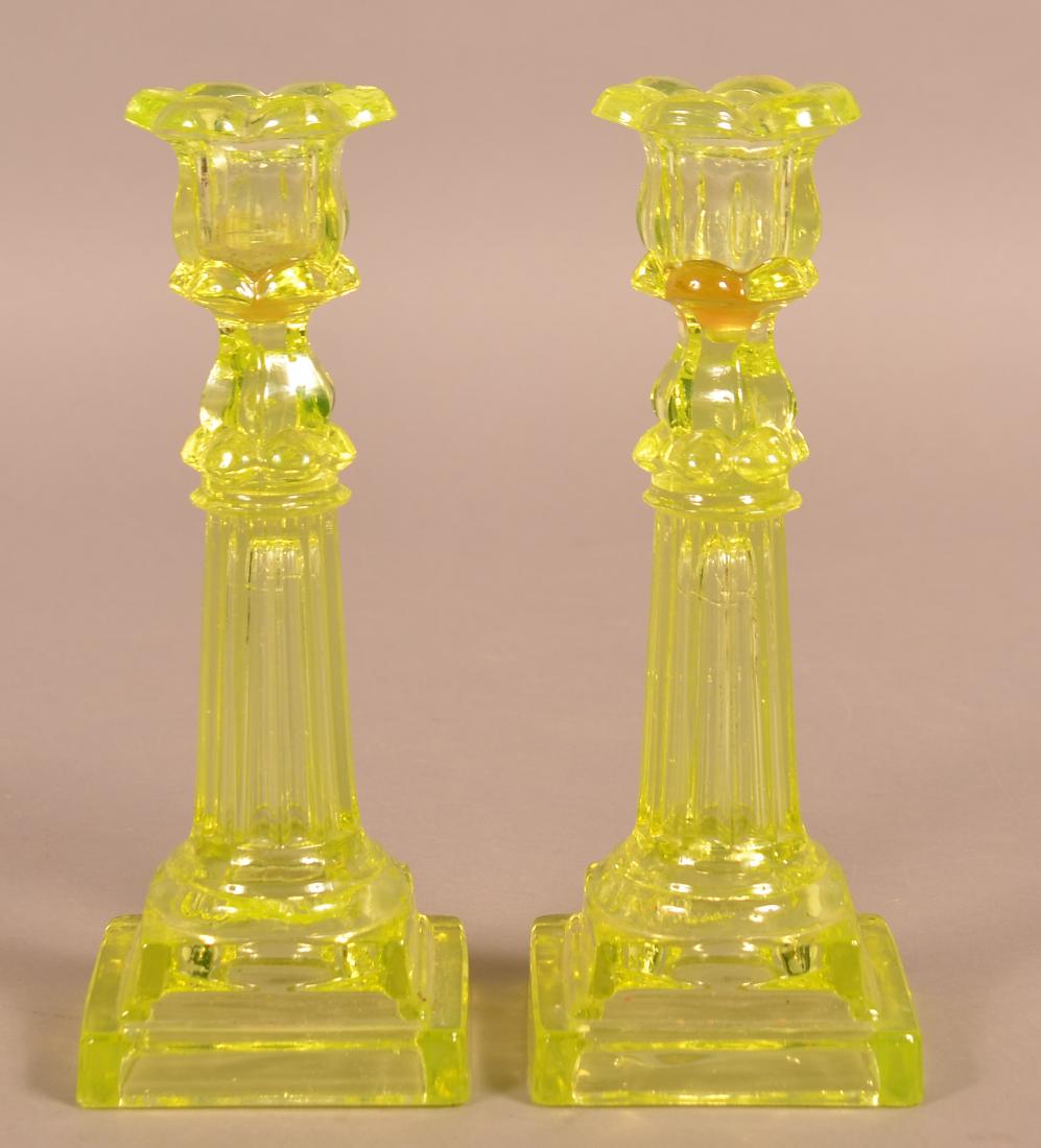 Pair of Vaseline Sandwich Flint Glass Candlesticks. (1 of 4)