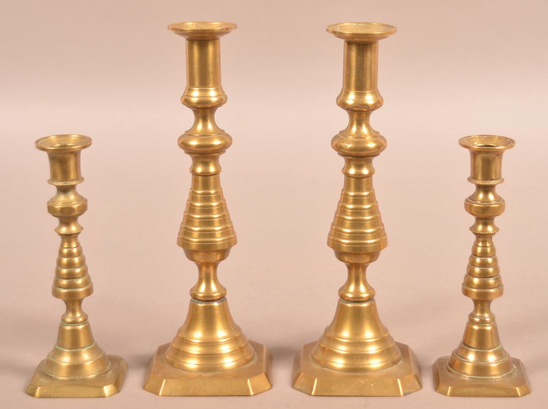 Two Pairs of Brass 19th Century Bee Hive Candlesticks. (1 of 3)