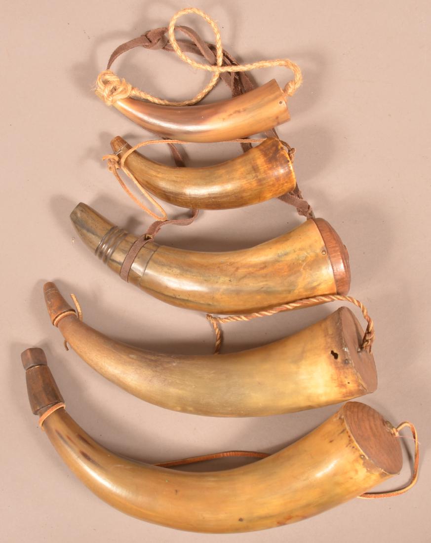 Five Antique Powder Horns with Wood Caps. (1 of 3)