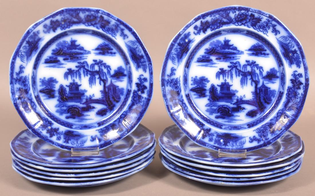 12 Flow Blue Ironstone Manilla Pattern Paneled Plates. (1 of 4)