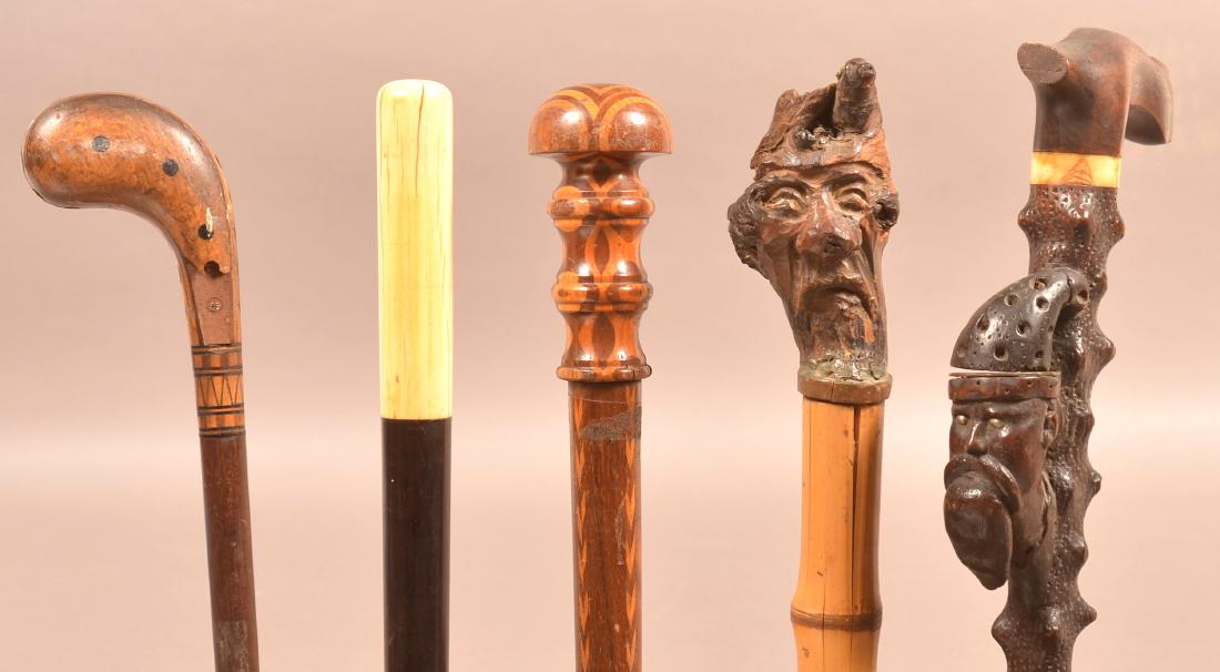 Five Antique/Vintage Marquetry and carved Canes. (1 of 5)