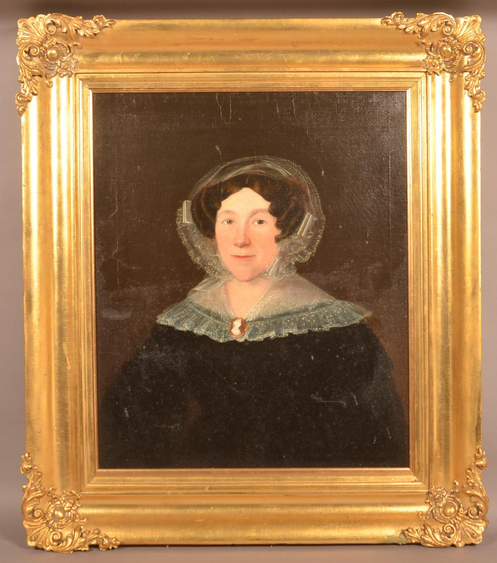 Mid 19th Century Oil on Canvas Portrait of a Woman.: Mid 19th Century Oil on Canvas Portrait of a Woman. Signed on back of relined canvas " Sam'. Hawksett, October 1840". In a gilt molded frame, 39-1/2" x 35" overall. Condition: Relined with restoration