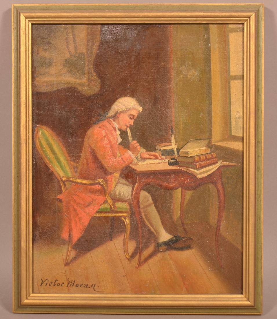 Victor Moran Oil on Canvas Interior Scene Painting.: Victor Moran Oil on Canvas Interior Scene Painting. (American late 19th/early 20th century). Signed lower left. Depicts a man wearing colonial attire seated at a desk with feather quill in hand. In a