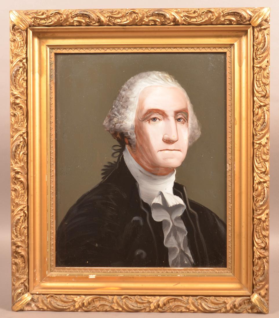 Reverse Painting on Glass Portrait of George: William Matthew Prior Style Reverse Painting on Glass Portrait of George Washington. (MA/ME, 1806-1873). Copy of Gilbert Stuart's "Athenaeum" portrait of George Washington, probably done in Portland,