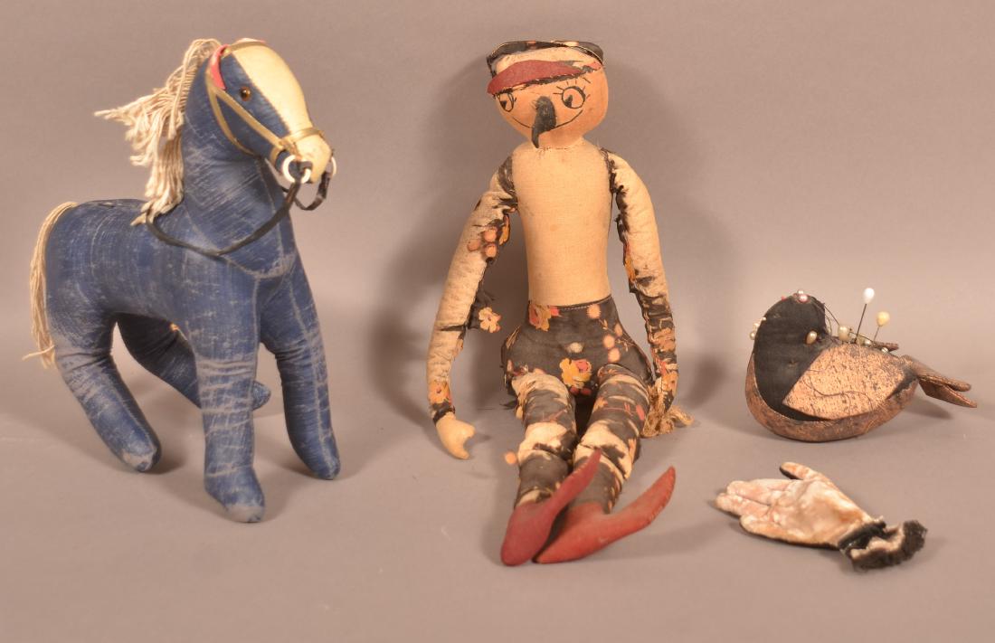 Lot of Antique Fabric Pin Cushions, Doll and Horse: Lot of Antique Fabric Pin Cushions, Doll and Horse Sculpture. Doll measures 17"h. Condition: Poor to good.