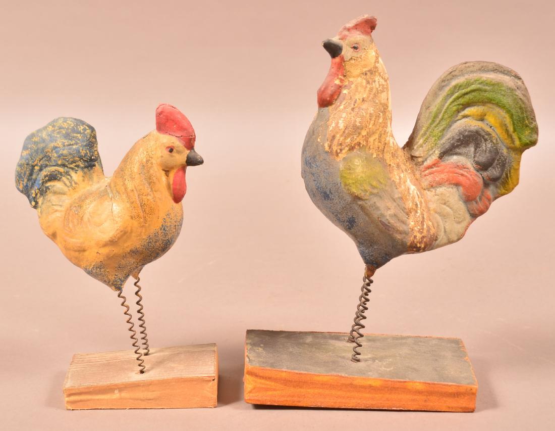 Two Antique Composition Rooster Squeak Toys. (1 of 3)