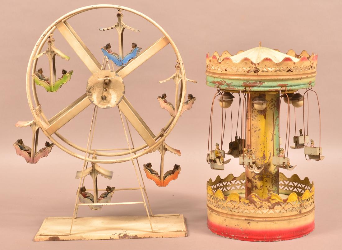 Two Antique Tin WindUp Carnival Ride Toys.