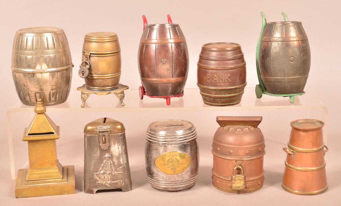 10 Vintage Mixed Metal Barrel Form Still Banks. (1 of 2)