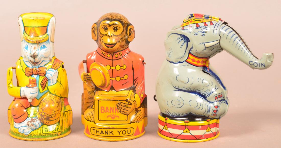 Three Vintage Tin Litho Animal Banks. (1 of 3)