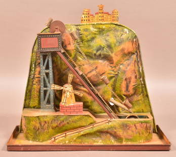 Tin Crank Action Water Elevator Toy.: Antique/Vintage Tin Crank Action Water Elevator Toy. 14"h. x 16"w. Condition: Good with wear and losses.