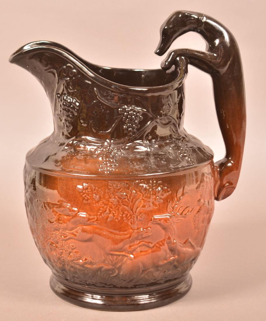 Bennington Type Hound Handle Hunt Scene Jug. (1 of 3)