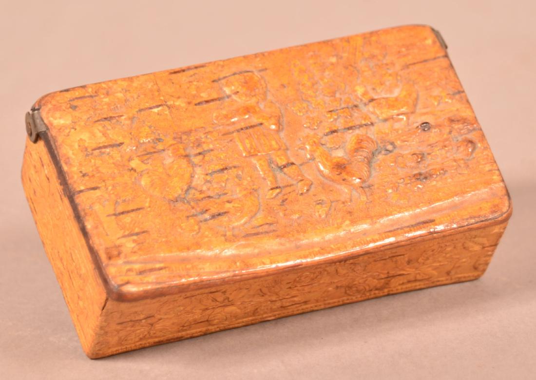 19th Century Softwood Snuff Box.: 19th Century Softwood Snuff Box. Embossed child and chickens design on lid. 3-1/2"w. Condition: Good with use wear.