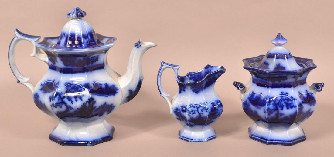 Flow Blue China "Chapoo" Three Piece Coffee Set. (1 of 3)