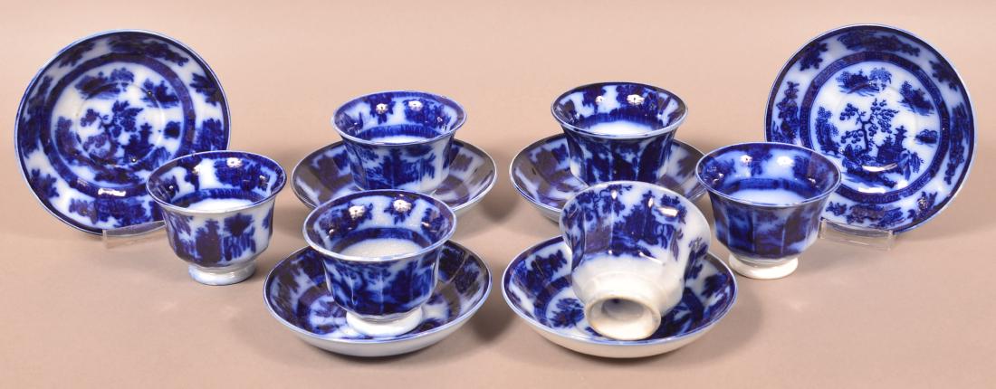 6 Flow Blue "Chapoo" Pattern Cups and Saucers. (1 of 2)