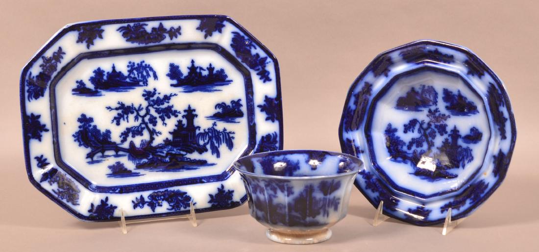 3 Pieces of Flow Blue Transfer "Chapoo" China. (1 of 2)
