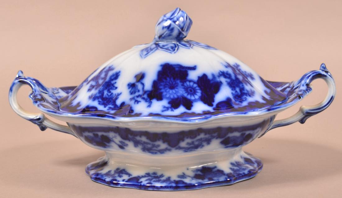 Flow Blue "Scinde" Pattern Cov. Vegetable Dish. (1 of 4)
