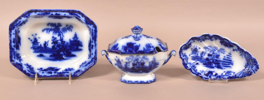 3 Pieces of "Scinde" Pattern Flow Blue China. (1 of 3)