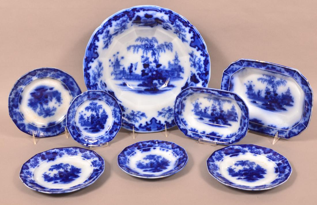 8 Pieces of "Scinde" Pattern Flow Blue China. (1 of 2)