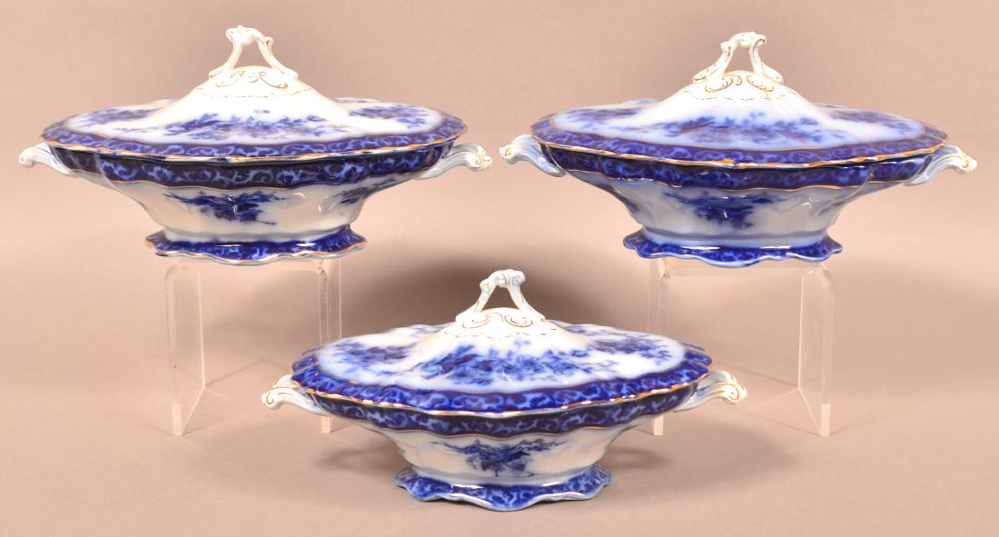 3 Flow Blue "Touraine" Covered Vegetable Bowls. (1 of 2)