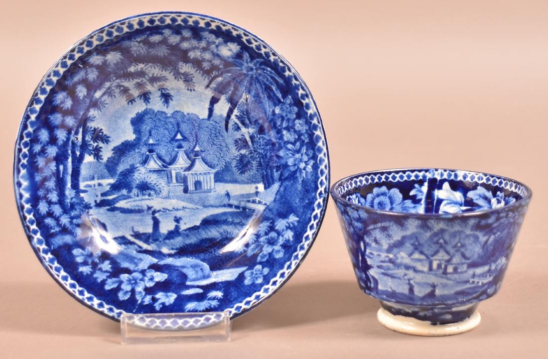 Blue Transfer China Oriental Views Cup & Saucer.: Blue Transfer China Oriental Views Cup and Saucer. Saucer measures 5-7/8" diam. Condition: Very good.