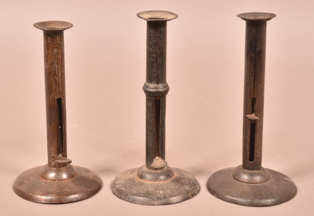 Three Sheet Iron Hog Scraper Candlesticks. (1 of 2)