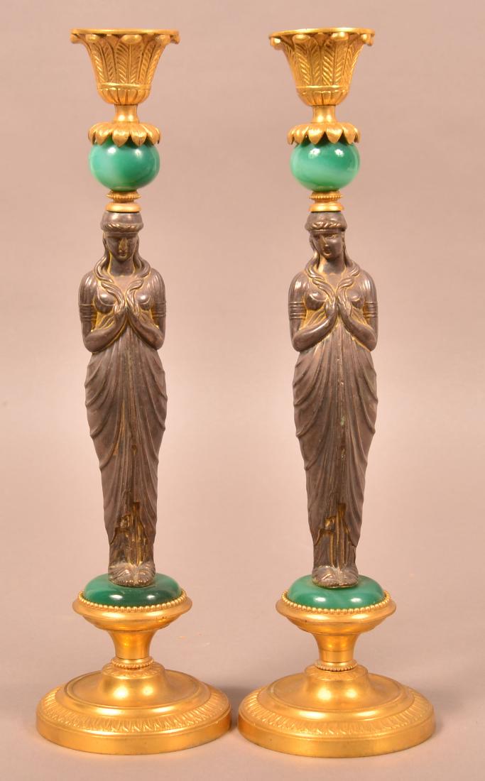 Pair of Mixed Metal & Jadite Figural Candlesticks. (1 of 4)
