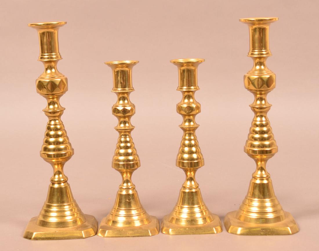 Two Pairs of English Brass Beehive Candlesticks. (1 of 2)