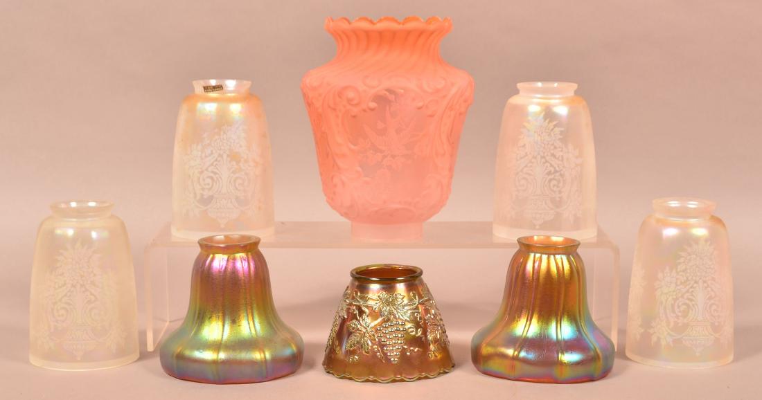 8 Various Antique/Vintage Glass Lamp Shades.: Eight Various Antique/Vintage Glass Lamp Shades. Tallest measures 8"h. Condition: Very good with minor wear.