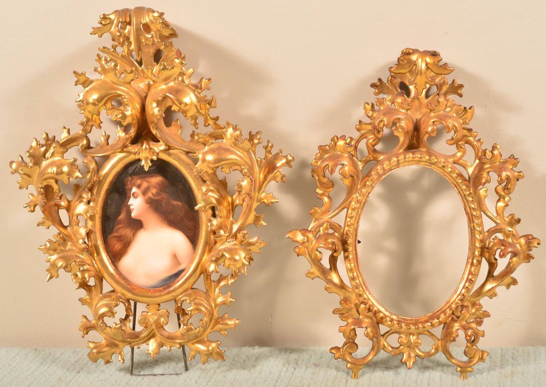 Antique Oval Painting on Porcelain Semi-Nude.: Antique Oval Painting on Porcelain Semi-Nude. Ina a carved and gilt rococo frame, 12-1/2" x 10". Plus a similar, slightly smaller frame. Condition: Very good.