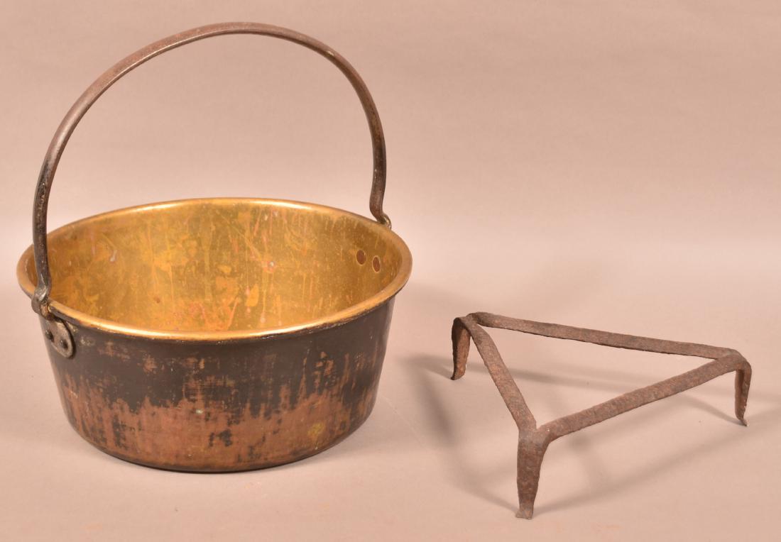 Brass and Iron Kettle with Iron Trivet. (1 of 2)
