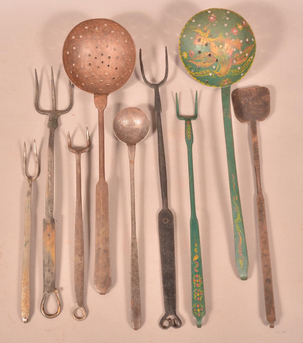 Lot of Nine Various Antique Iron Utensils. (1 of 2)