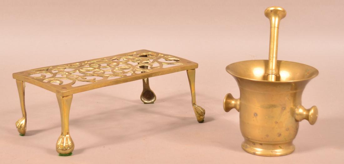Antique Brass Trivet, Mortar and Pestle. (1 of 2)