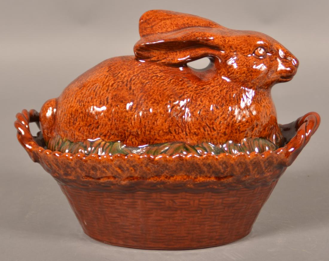 Foltz Redware 1992 Large Rabbit in Basket Covered Bowl. (1 of 3)