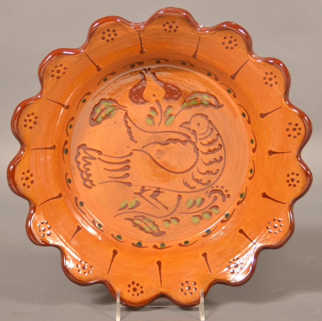 Foltz Redware 1985 Bird and Tulip Slip Decorated Bowl. (1 of 2)