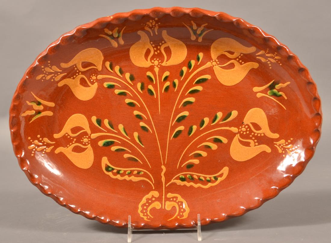 Foltz Redware 1984 Tulip Decorated Oval Platter. (1 of 2)