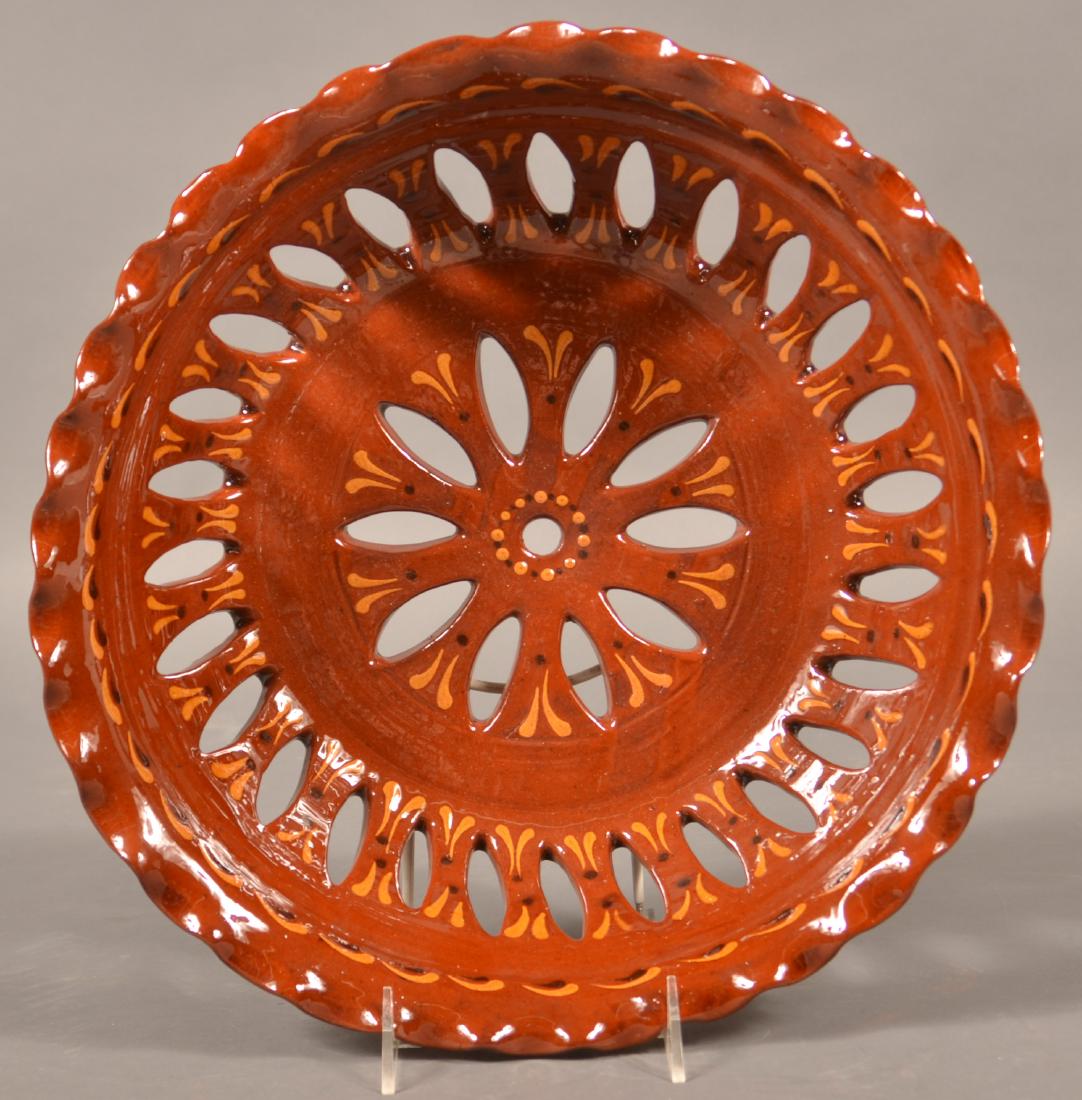 Foltz Redware 1989 Pierced Edge Fruit Bowl. (1 of 3)