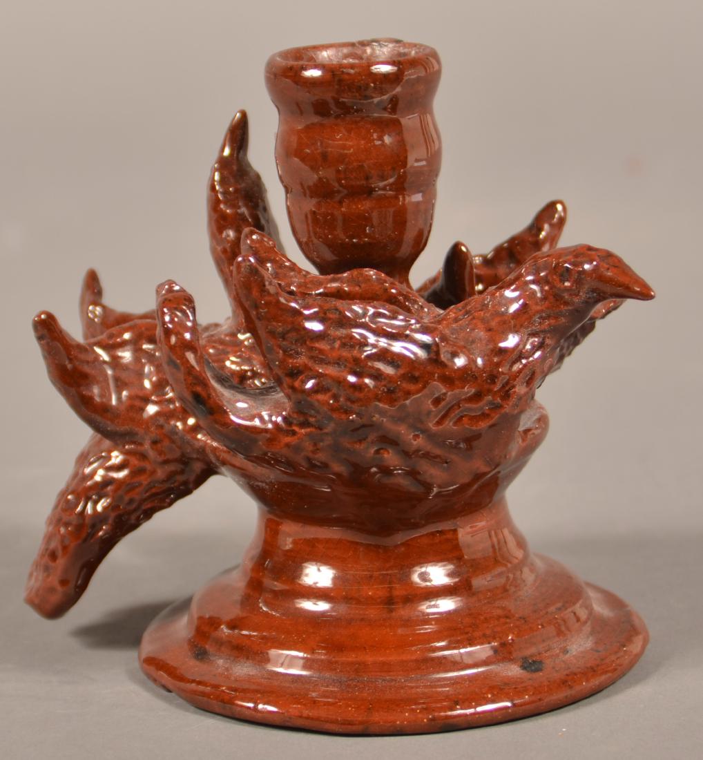 Foltz Redware 1974 Hand Molded Triple Bird Candlestick. (1 of 3)
